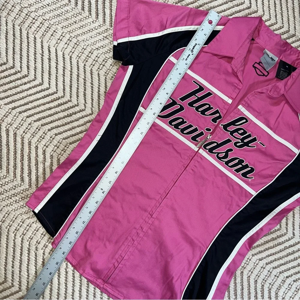 Harley-Davidson Women’s Pink Black Zip Front Mechanic Garage Shirt Size Medium - Picture 7 of 11